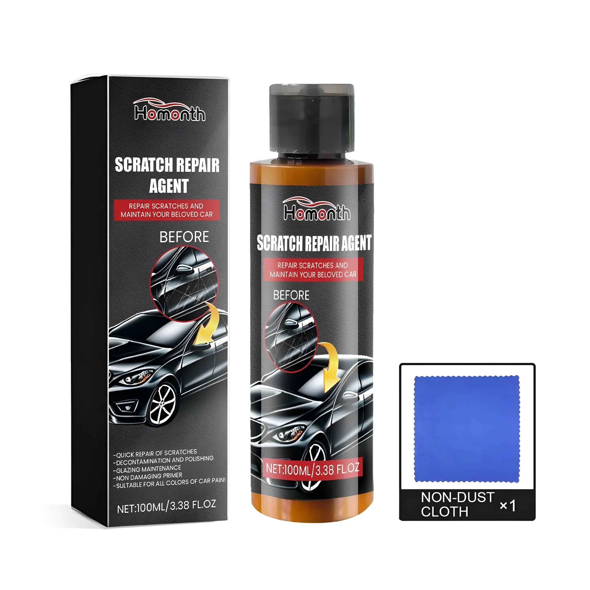 100ml bottle of car interior scratch repair liquid wax with a square application cloth on a car dashboard.