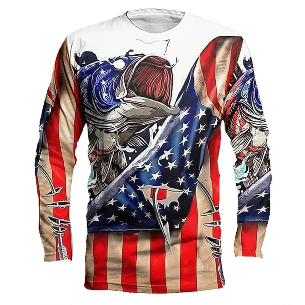 Men's grey pullover with a large colourful fish print on the chest, long sleeves, and a round neck.