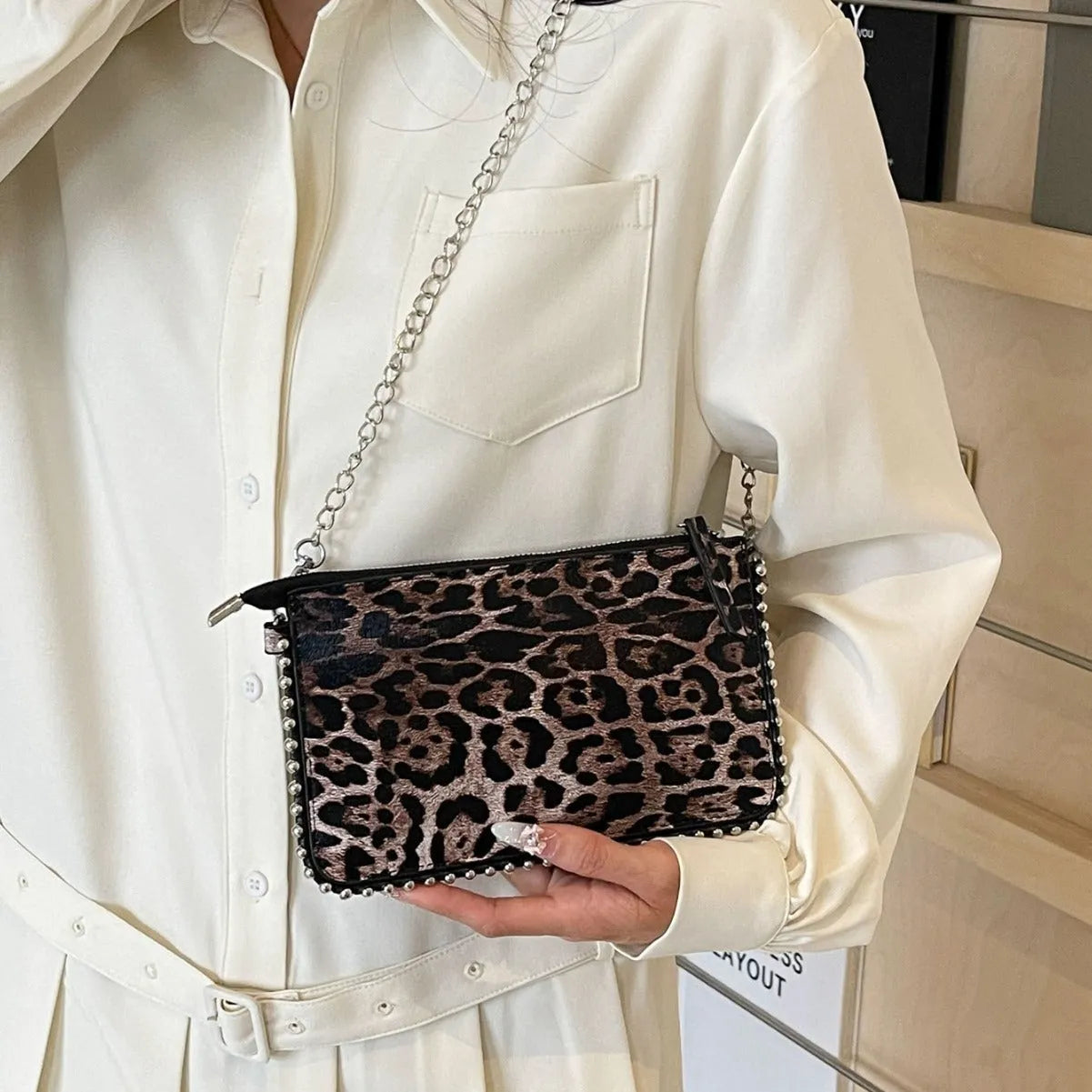 Western style niche casual crossbody underarm women's bag in dark brown with chain detail, horizontal square shape