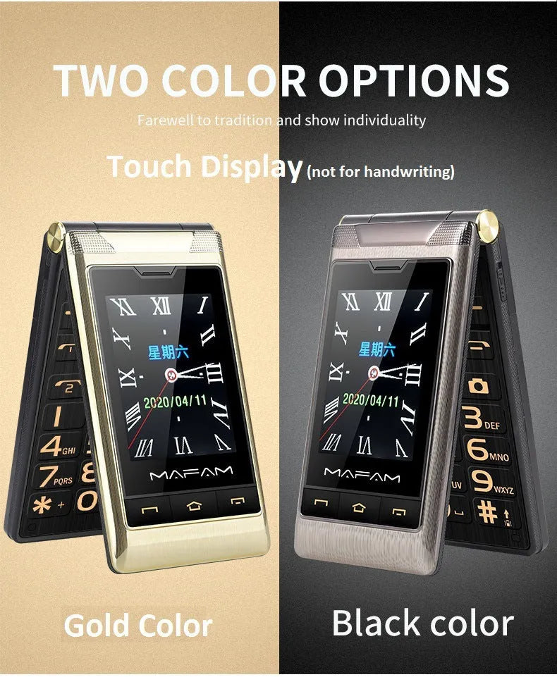 Gold gun colour metal flip cover phone with 2.8-inch internal and 2.4-inch external displays, 5900mAh battery