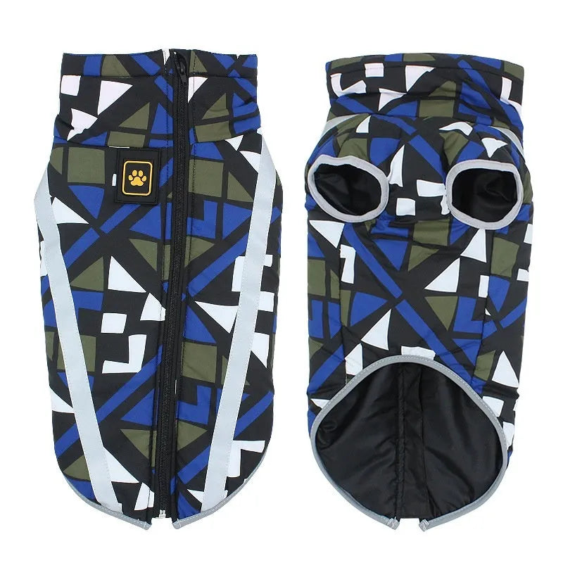 Reflective thick polyester dog winter jacket for large breeds in geometric blue colour.