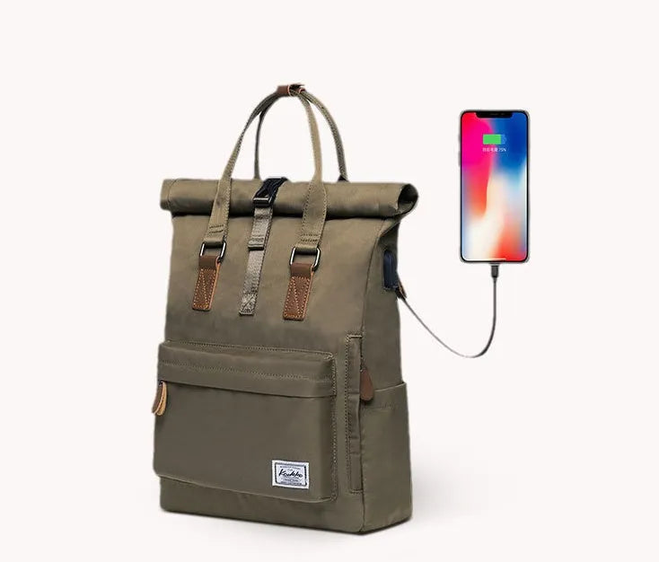 Casual polyester backpack with cover opening showing interior computer compartment and zipper pocket