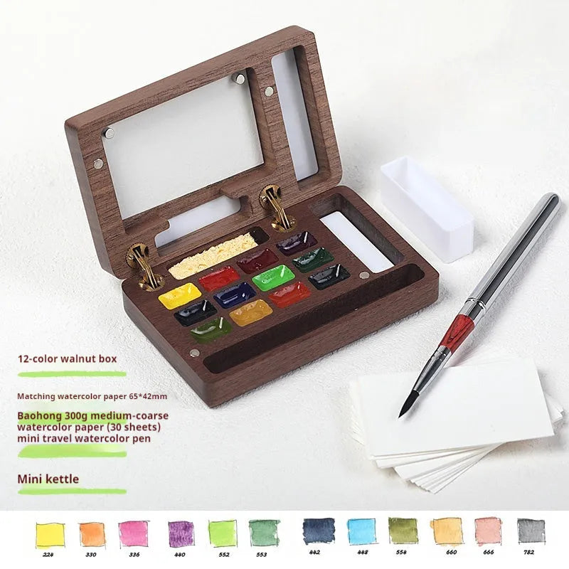 Mini walnut wood watercolour paint box with pigment suit configuration options