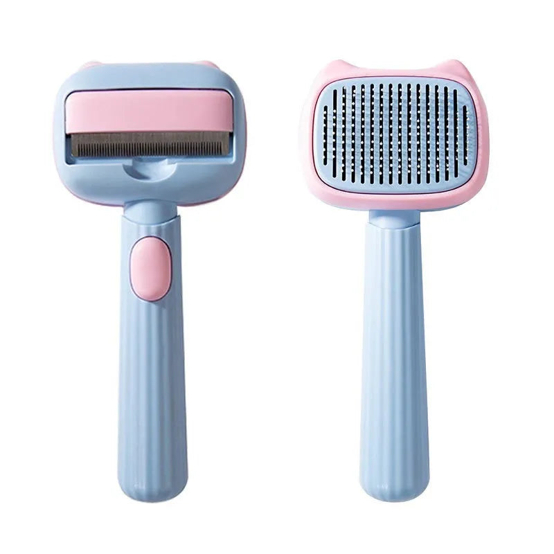 Blue double-sided pet grooming brush with deshedding rake and dematting comb on a 195mm handle.