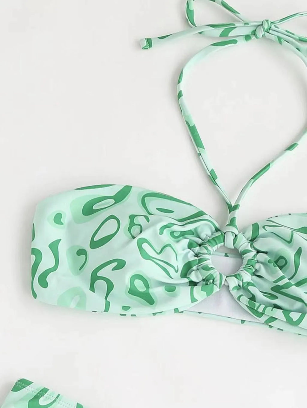 Green floral bandeau bikini split swimsuit with high elasticity polyester fabric