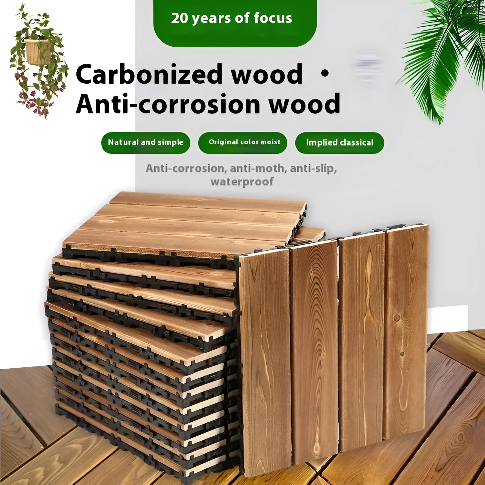Square camphor pine wood flooring tile with brushed texture, 30x30cm, for balconies and patios.