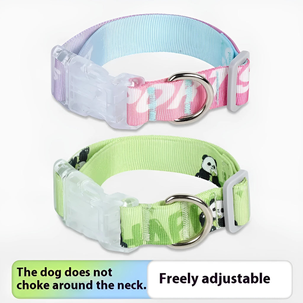 Adjustable nylon dog collar with blue gradient and cartoon panda print, showing plastic quick-release buckle and metal D-ring.
