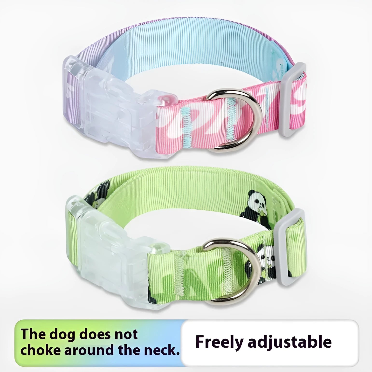 Adjustable nylon dog collar with blue gradient and cartoon panda print, showing plastic quick-release buckle and metal D-ring.