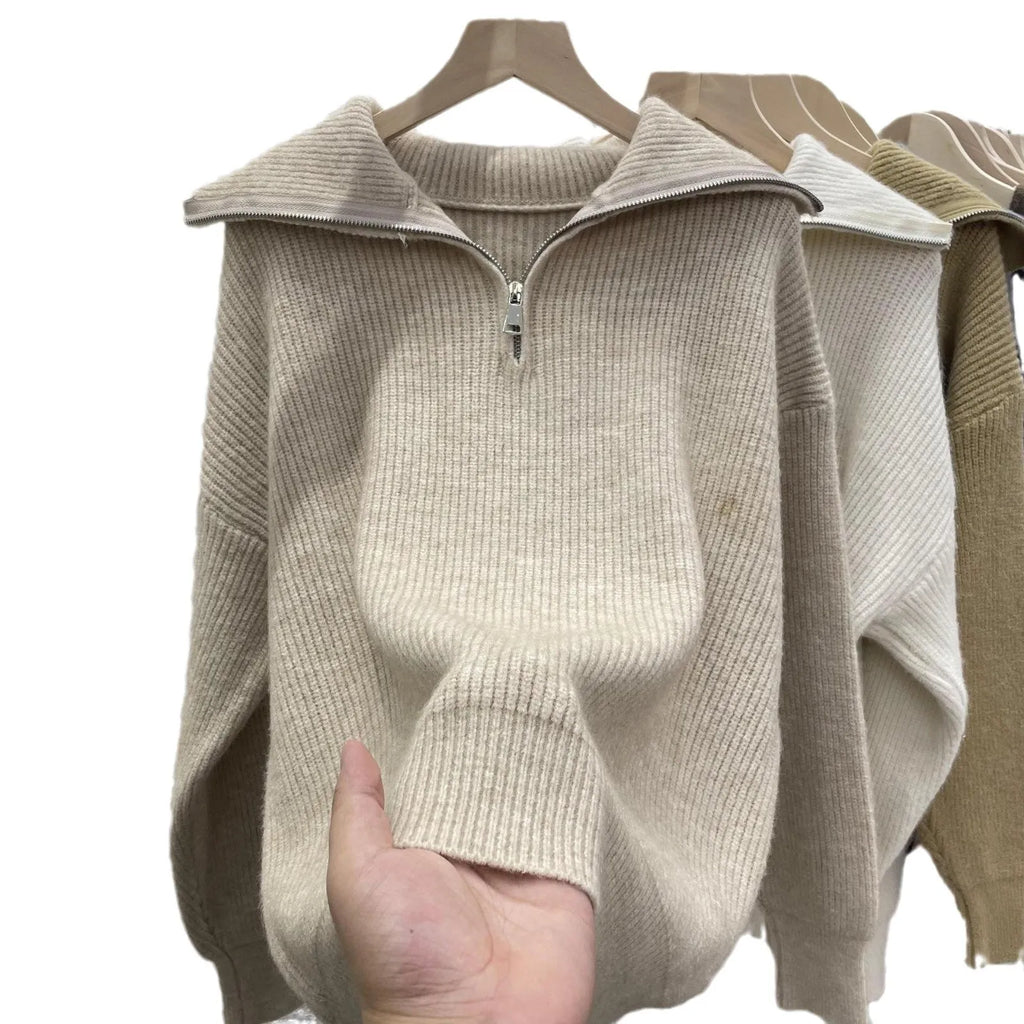 Women's loose fit pullover sweater with polo collar in soft viscose knit, solid colour, available in seven shades