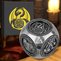 6-pack retro metal dice wheel gift box set with bronze, dark silver, and black finishes on a tabletop