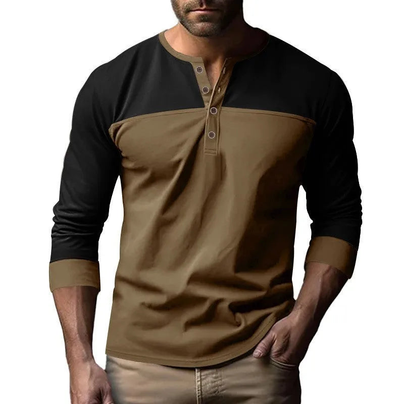 Henry collar casual long sleeve shirt in beaded twill polyester with colour matching details