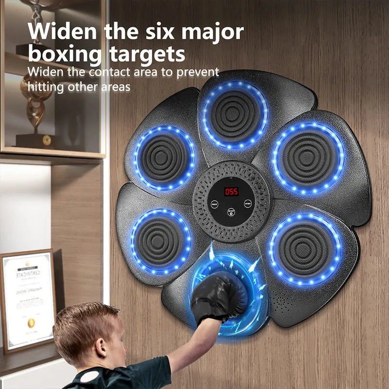 Black smart boxing wall target with LED lights and half-finger gloves on a wall for indoor training.