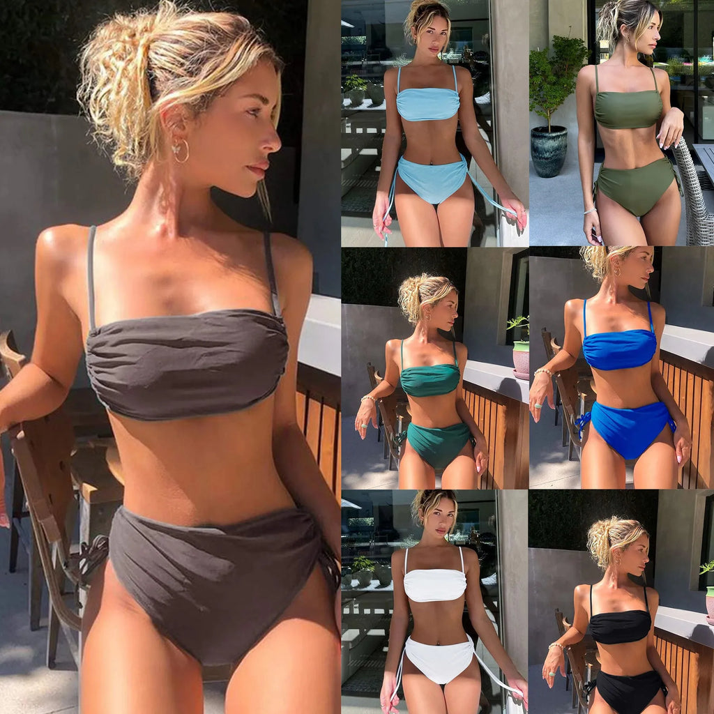Women's solid colour bikini two-piece swimsuit set in available colours for swimming and wading sports
