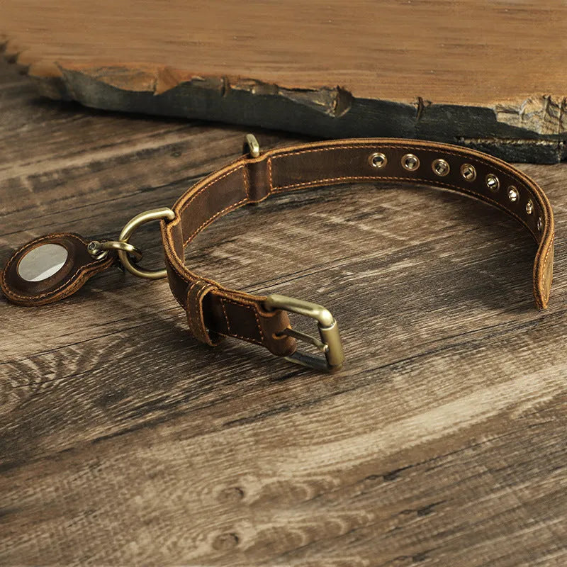 Brown genuine leather retro dog collar with a handmade halter for positioning.