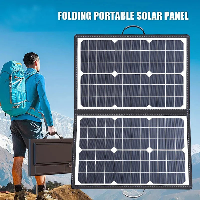 Black polyester folding bag containing a 40W single-crystal solar panel for portable outdoor charging