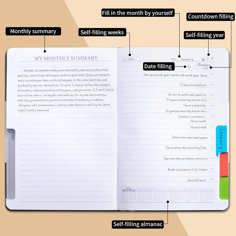 Undated notebook with PU cover in various colours, open to show 80g wood-free paper and thread binding.