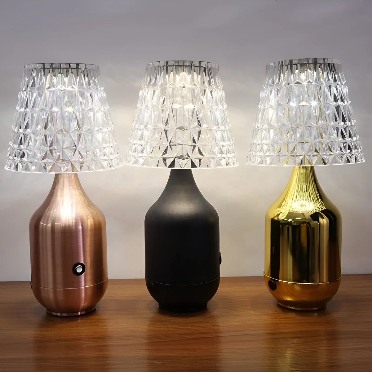 Retro LED charging table lamp with plated iron art holder, available in black, gold, or red bronze with three-tone light