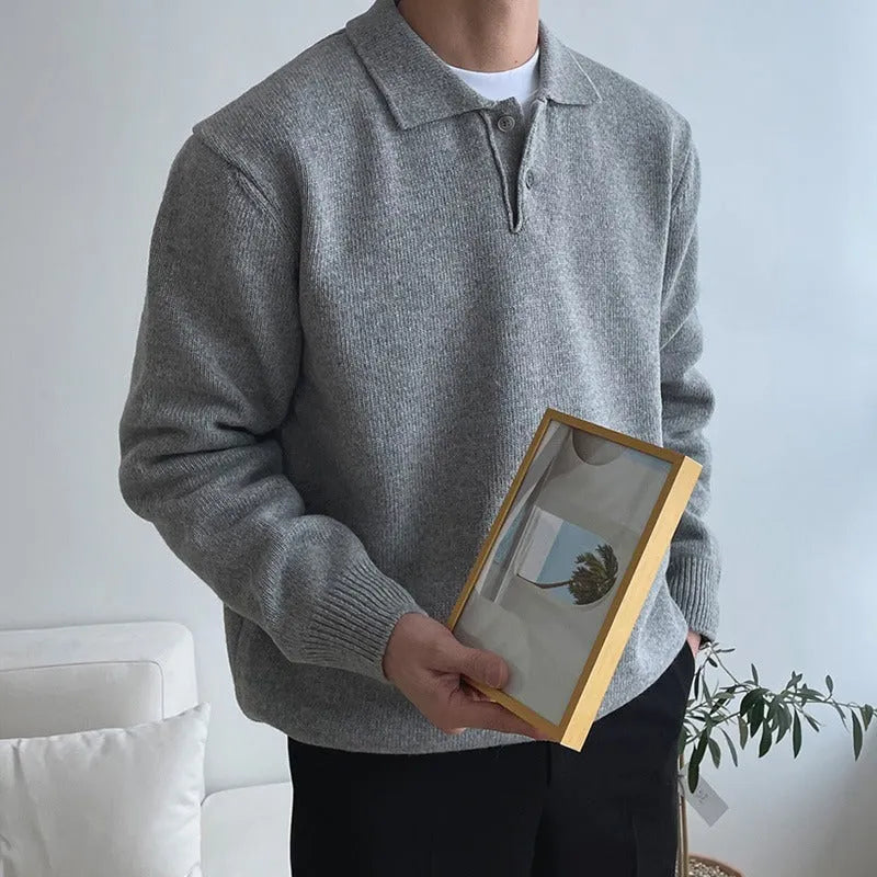 Men's loose fit lapel polo sweater in beige polyester fibre with long sleeves and pullover design