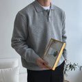 Men's loose fit lapel polo sweater in beige polyester fibre with long sleeves and pullover design