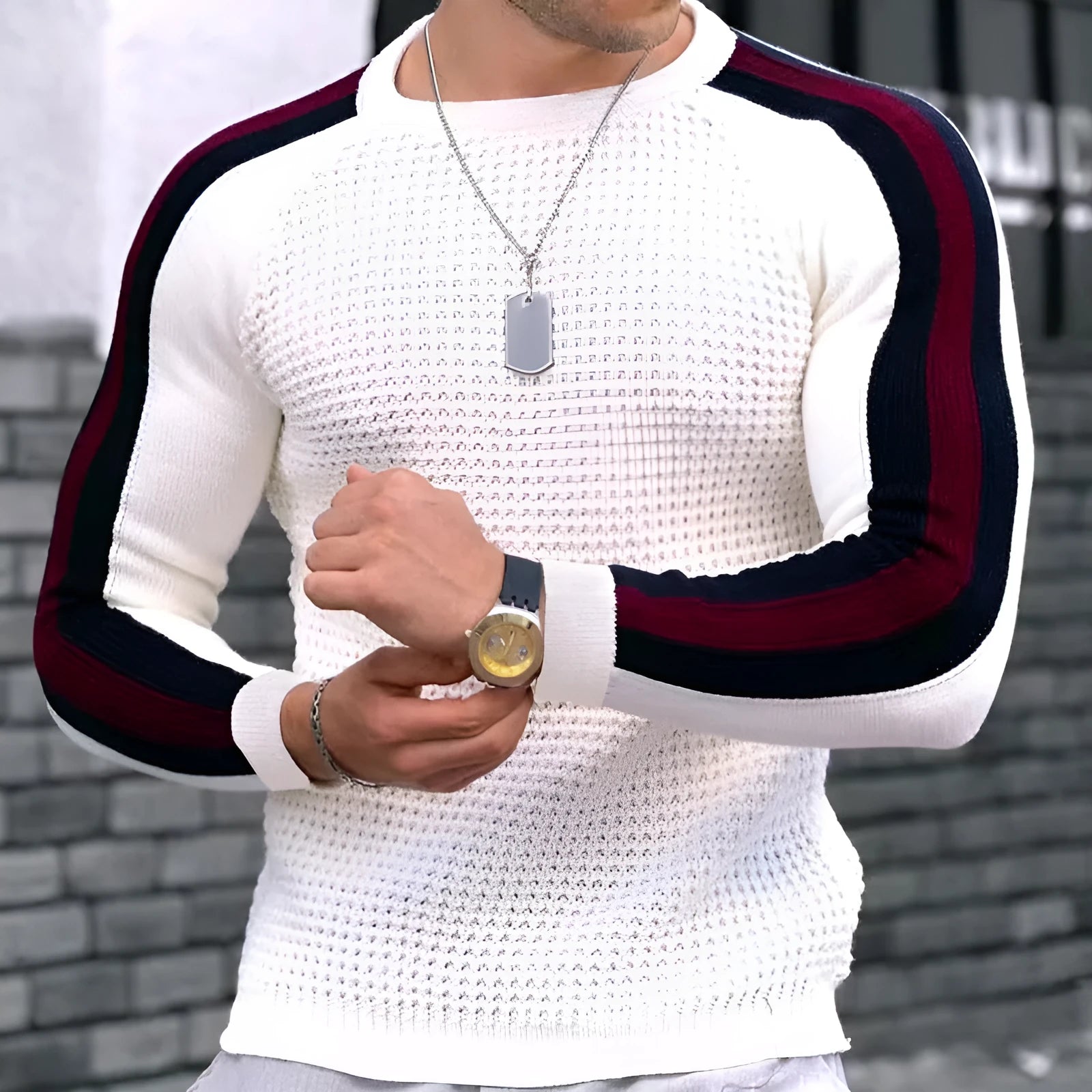 Men's contrast slim bottom sports casual sweater in cotton blend, available in multiple colours including white and navy blue