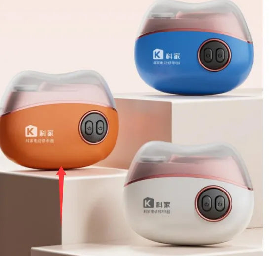 Blue automatic electric nail clipper and polisher with USB Type-C charging cable and cleaning brush.
