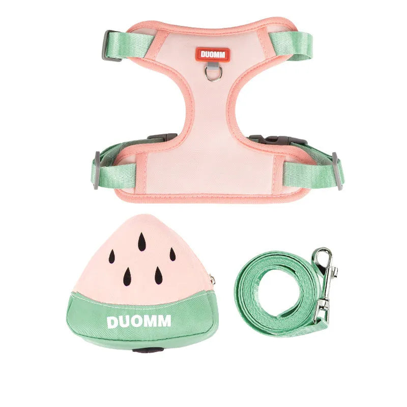 Pet backpack chest strap set with fruit design and anti-slip traction rope for dogs and cats