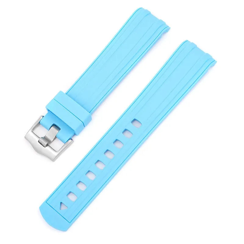 Apple Watch strap with silver buckle in 12 colour options including army green, sapphire blue, and dark red.