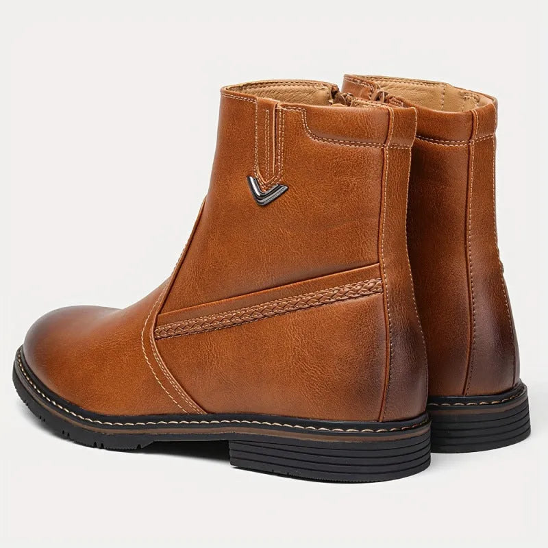 Faux fur dress boots with zipper, ultra high heel, carved wing pattern, light brown colour
