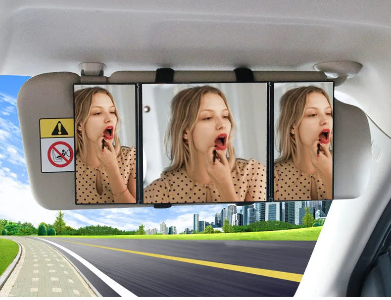 Silver folding car visor mirror shown closed and opened on a car sun visor.