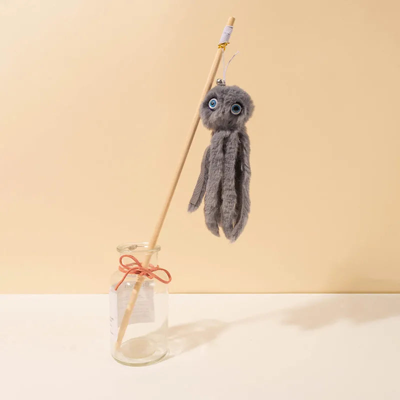 Colourful octopus cat toy with long stick and feather elements for indoor play