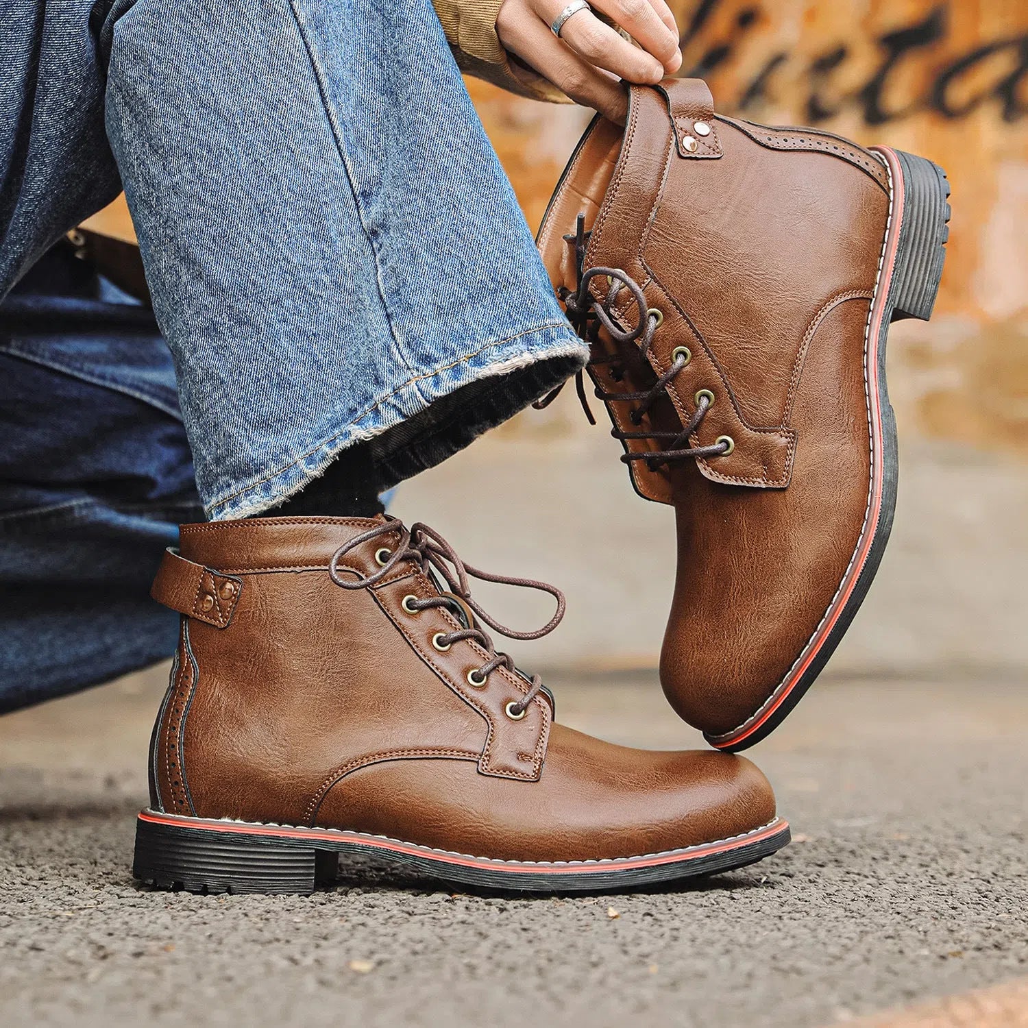 Men's retro western boots with round toe, horseshoe heel, and slide-on entry in black and brown