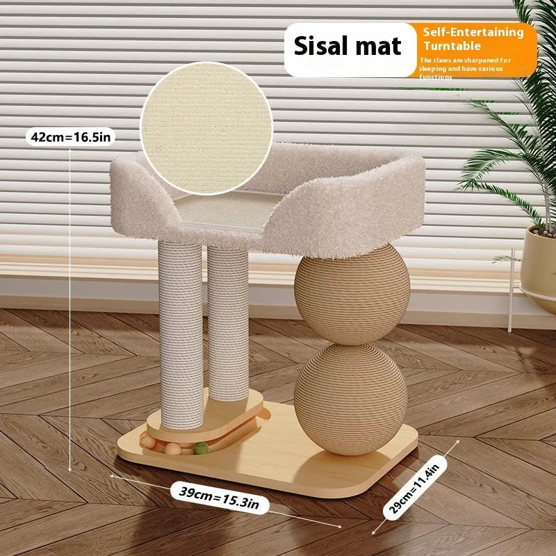 Pine wood cat scratching ball nest with two sisal rope posts and an integrated summer sleeping mat.