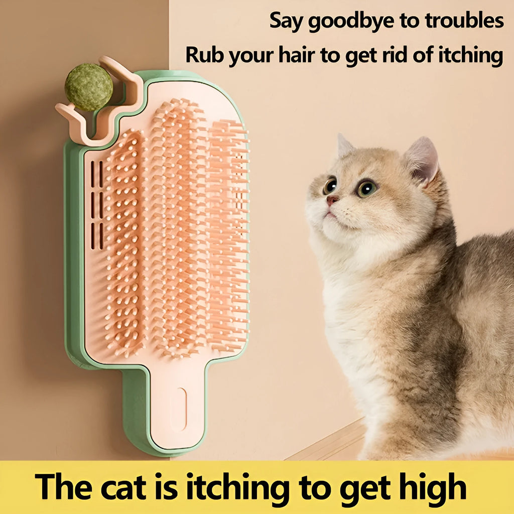 PP plastic pet scratching groomer with mint-scented ball and feather attachment on textured base