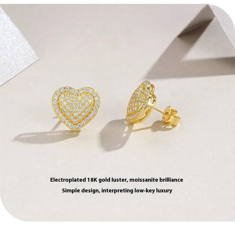 S925 sterling silver heart stud earrings with gold-colour finish and moissanite stones