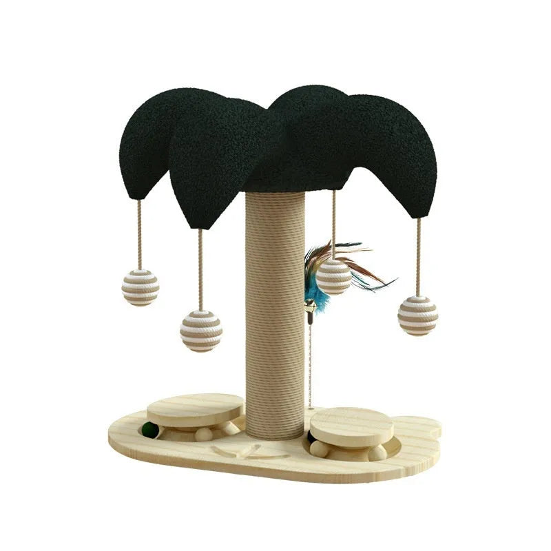 Solid wood cat scratching post with sisal rope and a rotating turntable in a panda design.