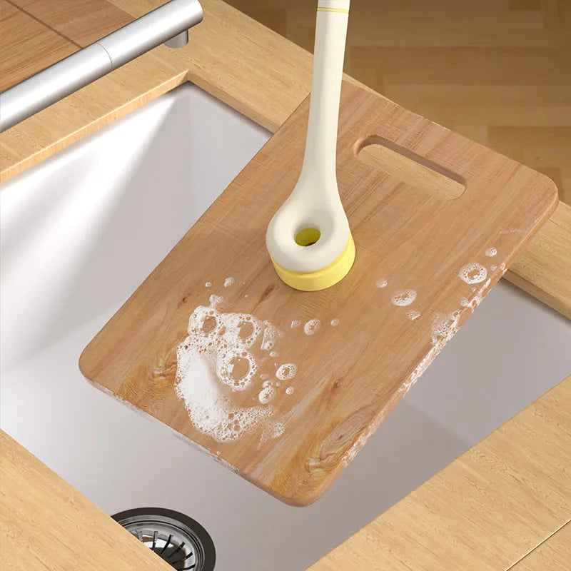 Wood pulp sponge cleaning brush with PP handle and peeling knife, shown with three or six brush heads