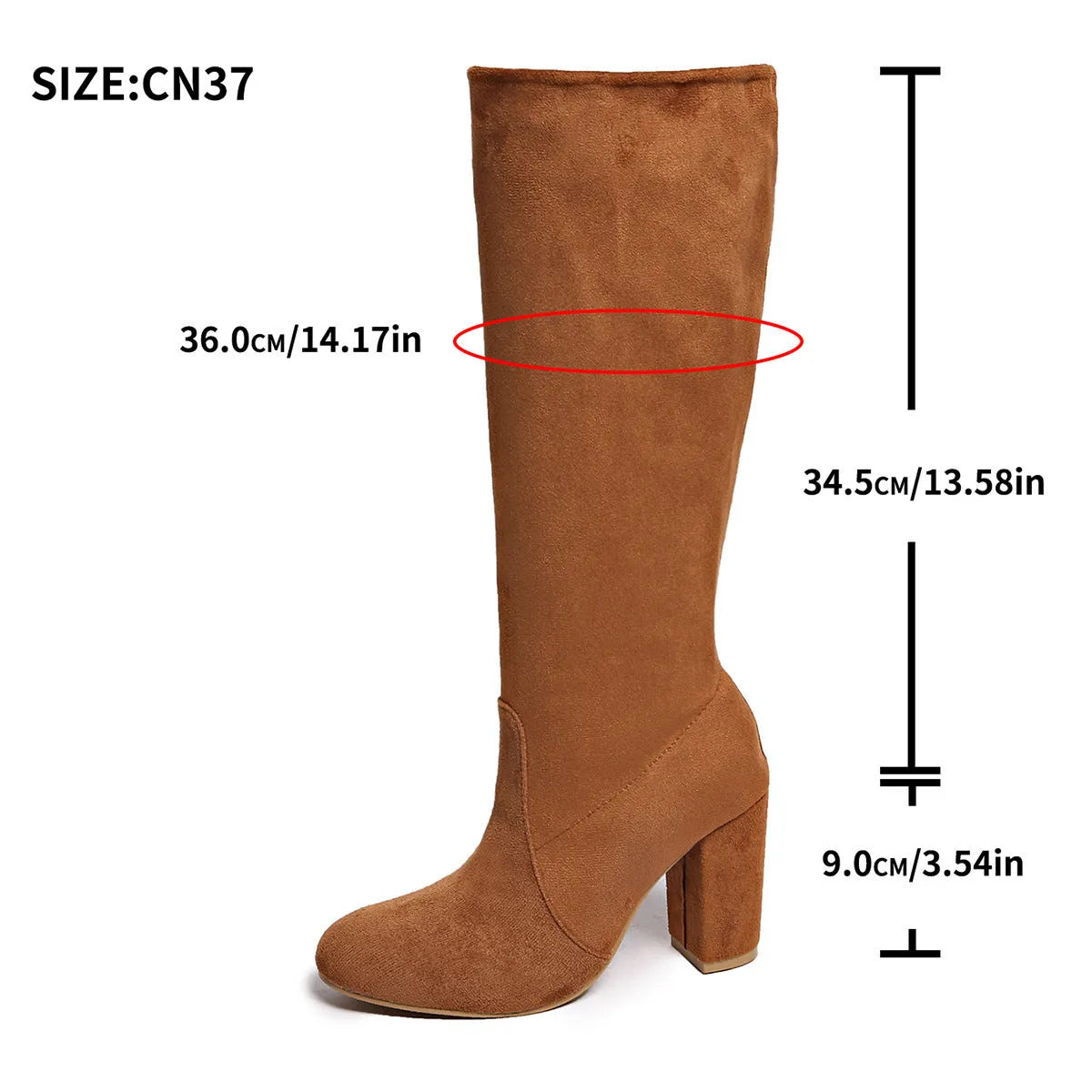 Pleated suede-look pointed toe block heel boots in black or chocolate, sizes 35-43, 6-8cm heel