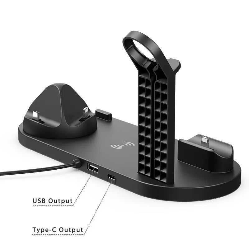 Universal desktop charging stand with 15W wireless phone charger, headset hook, and watch stand in black finish