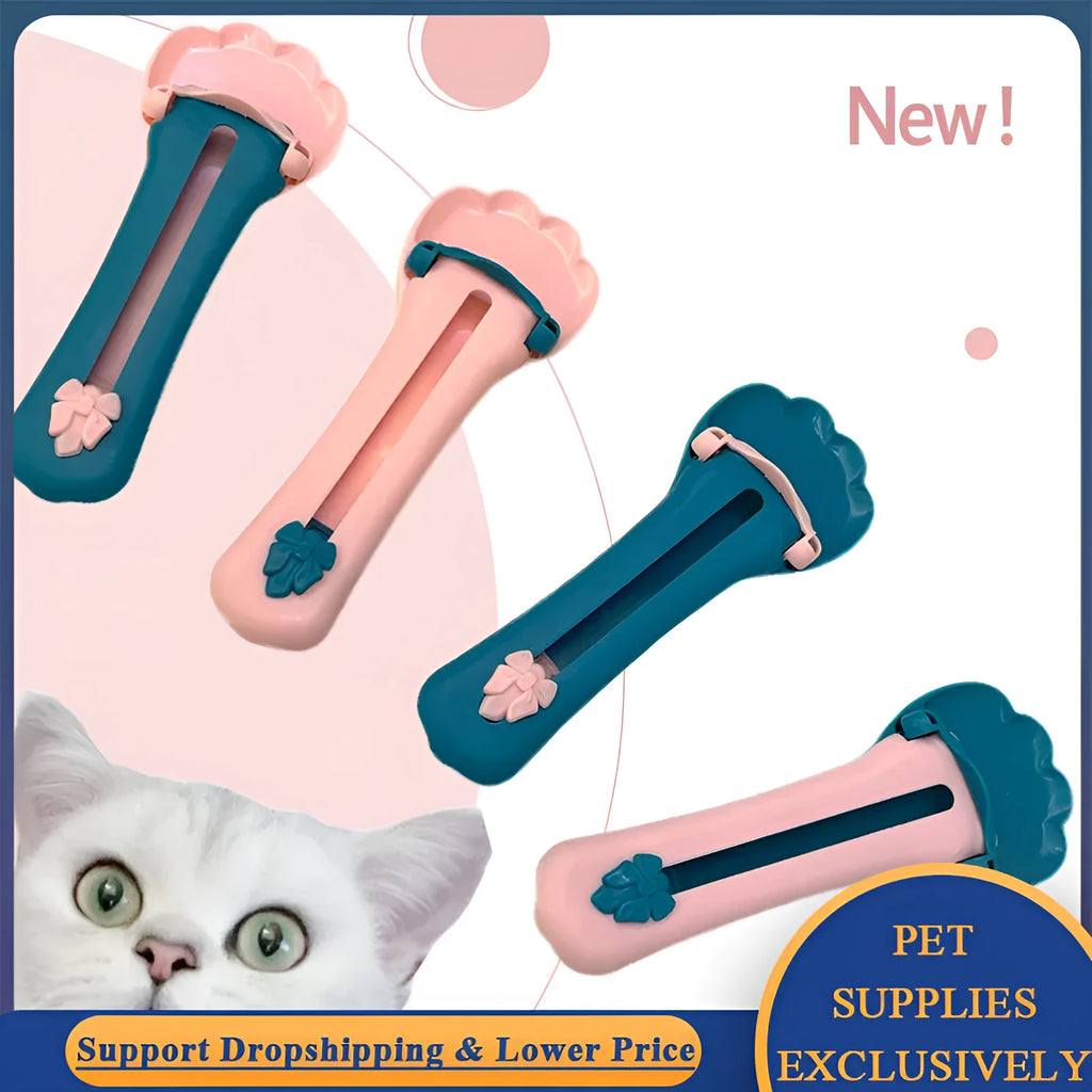 Green and pink pet food dispenser spoon with silicone squeezer tube for liquid cereal feeding
