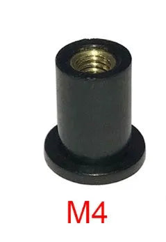 Ten black rubber brass well nut fasteners for motorcycle wind deflector and panel mounting.