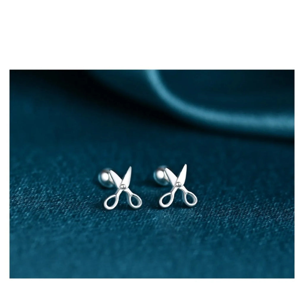 S999 pure silver screw back earrings with mini scissors design for women