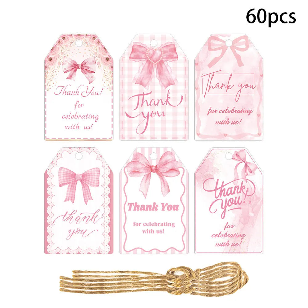 Birthday party gift label tags set with bowknot designs and hemp rope ties