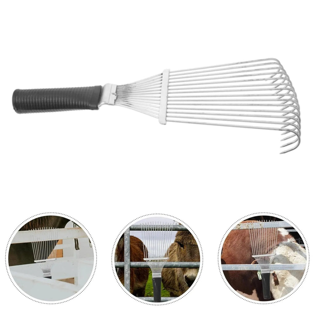 Stainless steel horse dematting brush comb with metal teeth and handle for grooming livestock and dogs.