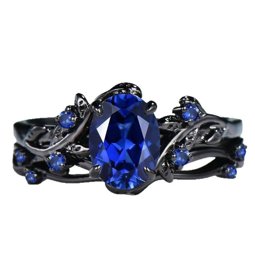 Gun black copper women ring with navy blue rhinestone inlay geometric shape