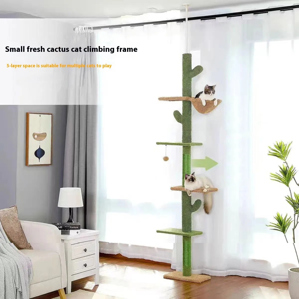 Tall solid wood cat climbing frame with integrated scratch board and cat nest.