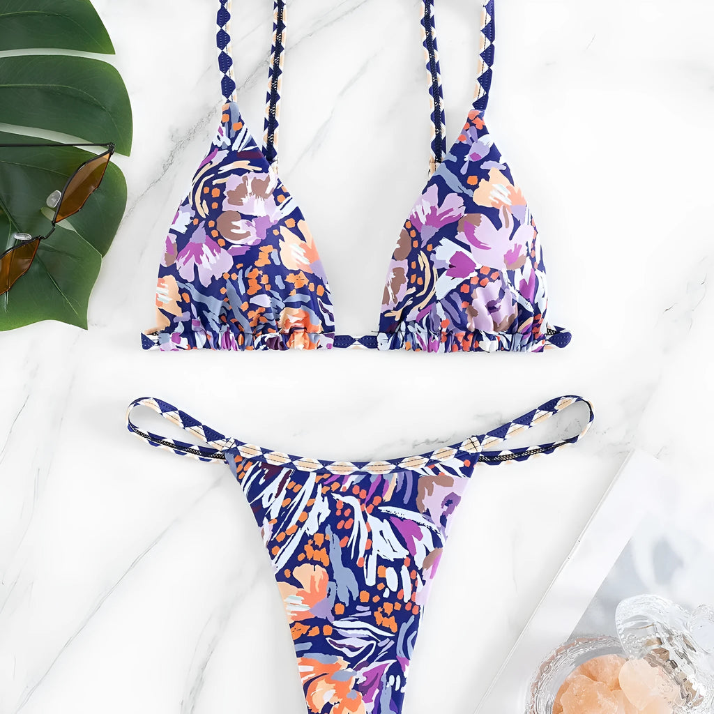 Women's floral print triangle bikini swimsuit with split briefs in polyester fabric