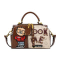 Brown PU handbag with printed cartoon design, horizontal square shape, and single shoulder strap