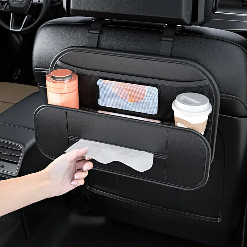 Black leather car seat rear storage bag showing compartments and dimensions
