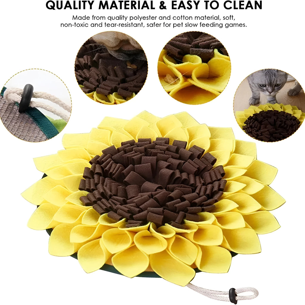 Yellow sunflower pattern dog snuffle mat with rope buckle for slow feeding and nosework games