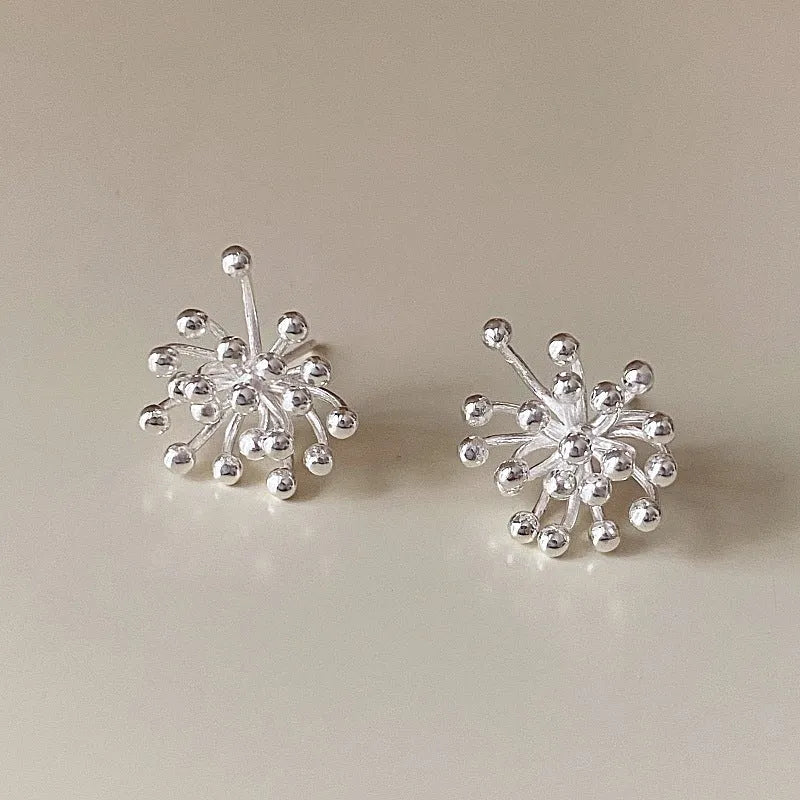 Women's silver needle stud earrings with electroplated dandelion fireworks geometric design on white background